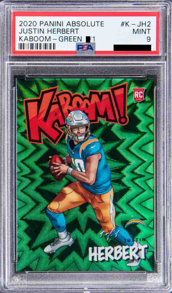 2020 Panini Absolute #K-JH2 Justin Herbert Kaboom Green /1 PSA 9