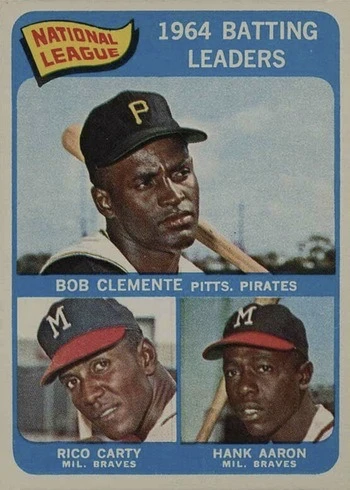 1965 Topps #2 Roberto Clemente, Rico Carty, Hank Aaron NL Batting Leaders Baseball Card 1965 Topps #2 Roberto Clemente, Rico Carty, Hank Aaron NL Batting Leaders Baseball Card
