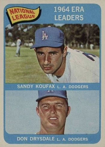 1965 Topps #8 Sandy Koufax and Don Drysdale NL ERA Leaders Baseball Card 1965 Topps #8 Sandy Koufax and Don Drysdale NL ERA Leaders Baseball Card