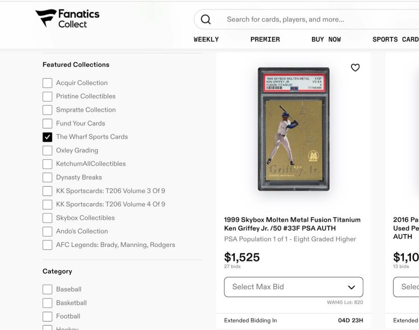 The Wharf's dedicated filter on the Fanatics Collect website