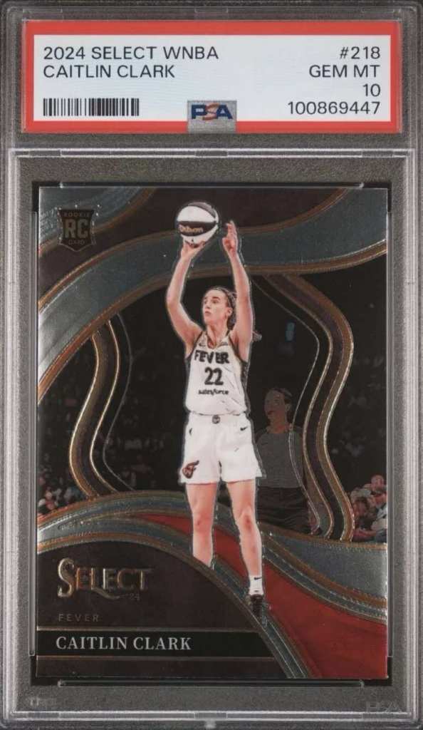 2024 Select WNBA #218 Caitlin Clark Courtside PSA 10. A Caitlin Clark rookie card.
