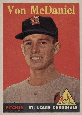 1958 Topps #65 Yellow Letters Von McDaniel Baseball Card 1958 Topps #65 Yellow Letters Von McDaniel Baseball Card