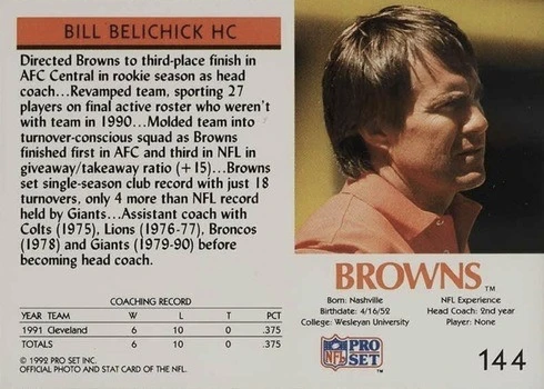 1992 Pro Set #144 Bill Belichick Football Card Reverse Side With NHead Coach Printed At Top 1992 Pro Set #144 Bill Belichick Football Card Reverse Side With NHead Coach Printed At Top