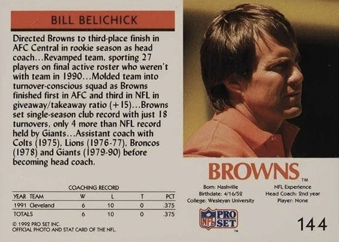 1992 Pro Set #144 Bill Belichick Football Card Reverse Side With No Head Coach At Top
