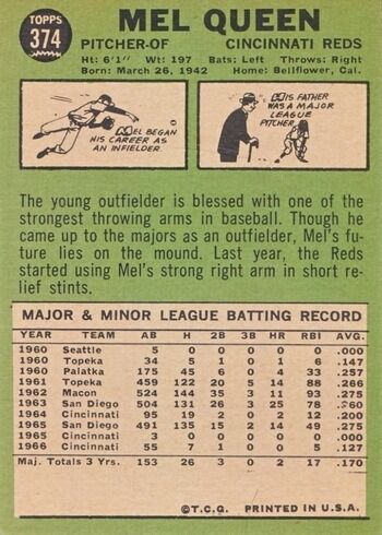 1967 Topps #374 Mel Queen Baseball Card Reverse Side (Incomplete Line Under Stats Variation) 1967 Topps #374 Mel Queen Baseball Card Reverse Side (Incomplete Line Under Stats Variation)