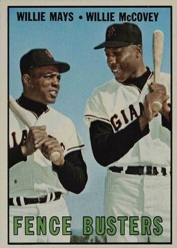 1967 Topps #423 Willie Mays and Willie McCovey Fence Busters Baseball Card 1967 Topps #423 Willie Mays and Willie McCovey Fence Busters Baseball Card