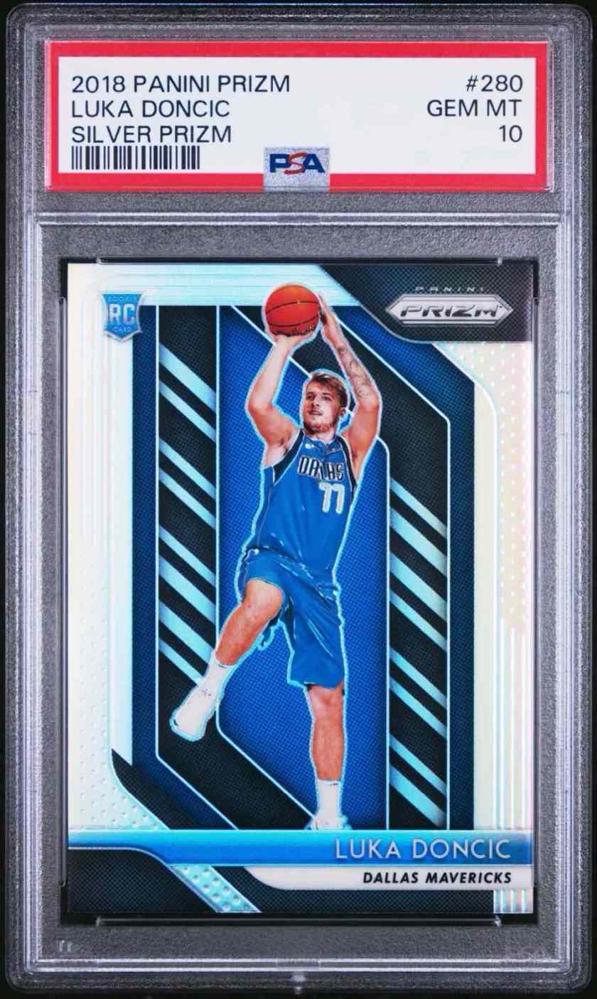 PSA graded card slab. Picturing 2018 Panini Prizm Luka Doncic #280 Silver Prizm RC PSA 10