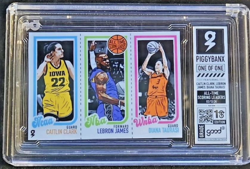 PiggyBanx All-Time Scoring Leaders Caitlin Clark, Lebron James, Diana Taurasi Art Card